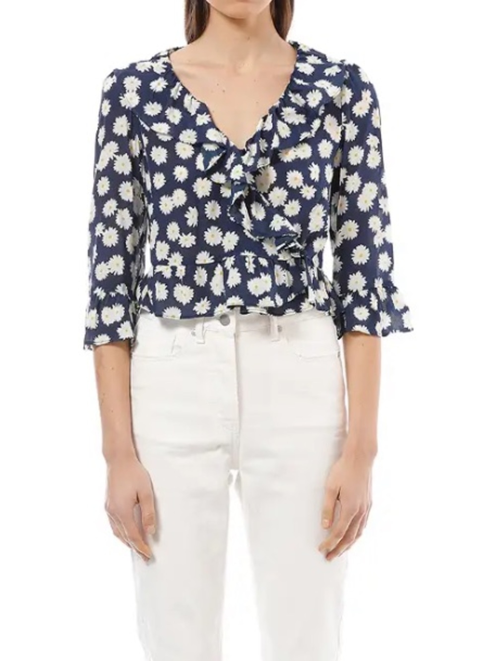 Realisation silk navy blue white daisy floral print ruffled wrap top size M
